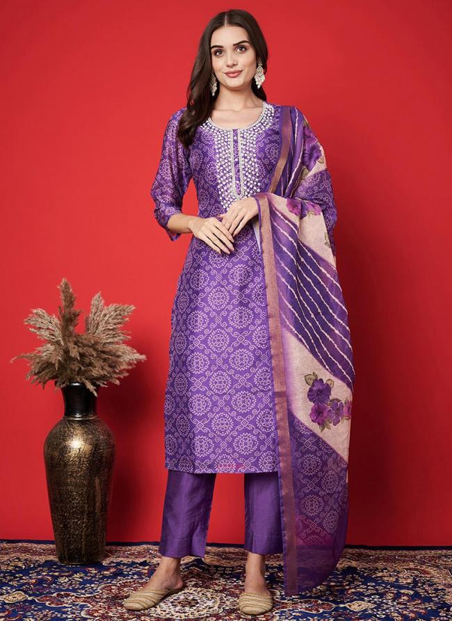 Silk Purple Festival Wear Bandhani Print Readymade Bandhani Print Suit